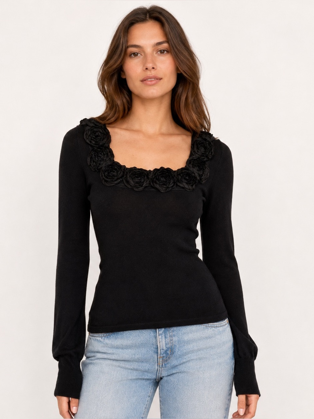 RED Brand Medium Black Rosette Sweater Y2K Square Neck Romantic Goth Feminine